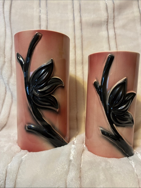 Royal Copley Other - Vintage MCM Royal Copley Pair of Pink Ceramic Vases with Black Floral Leaf